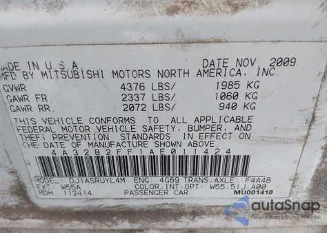 2010 Mitsubishi Galant Fe z USA, uszkodzony, nr VIN 4A32B2FF1AE011424